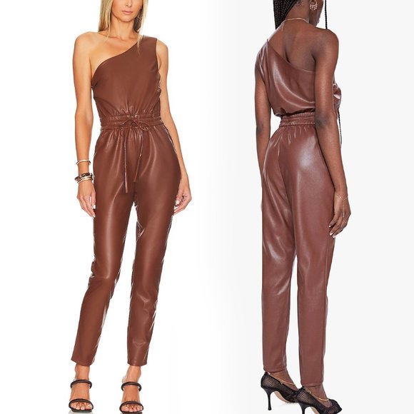 Mother Landside Hover Brown Faux Leather One Shoulder Belted Straight Jumpsuit S - Picture 1 of 9
